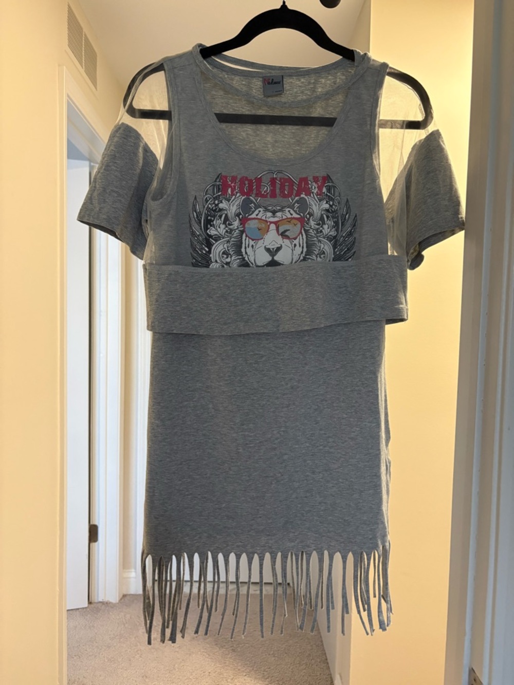 Gray Cold-Shoulder Fringe Graphic Dress - Lion Sunglasses Print